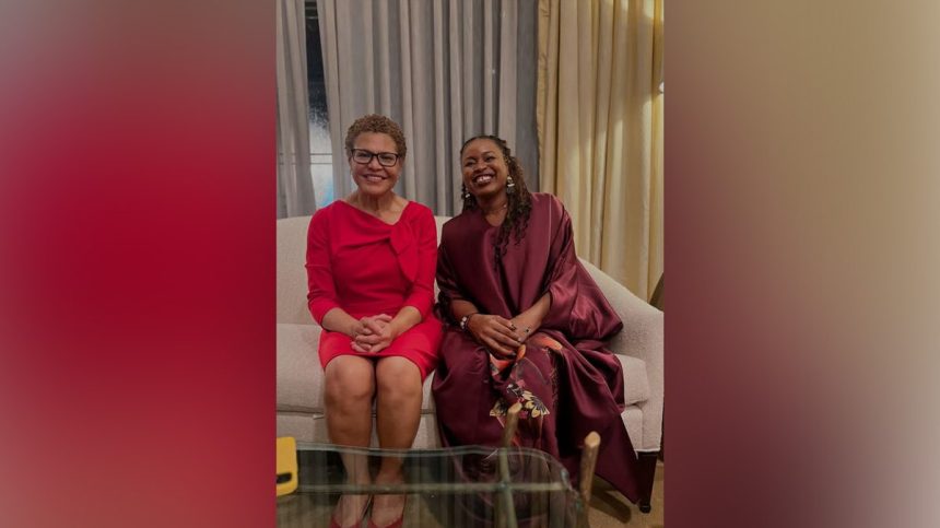 Los Angeles Mayor Karen Bass smiles for a photo while attending an embassy cocktail party