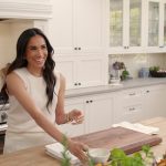 Image may contain Meghan Duchess of Sussex Sink Adult Person Cooktop Indoors Kitchen Chopping Board Food and Blade