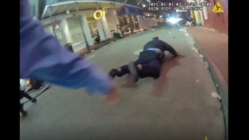 An NOPD officer responds to the New Year's terrorist attack on Bourbon Street in bodycam footage.