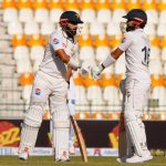 Pakistans Mohammad Rizwan (L) and Saud Shakeel gesturing on the second day of the second and last Test against the West Indies at the Multan Cricket Stadium on January 25, 2025. — PCB