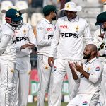 Pakistan´s Sajid Khan prays as he celebrates after taking the fifth wicket of West Indies´ Alick Athanaze during the third day of the first Test match between Pakistan and West Indies at the Multan Cricket Stadium in Multan on January 19, 2025. — AFP