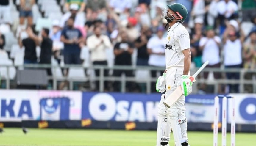 Shan Masood celebrates after scoring a century during the second Test match between South Africa and Pakistan at Newlands stadium in Cape Town on January 5, 2025. — AFP