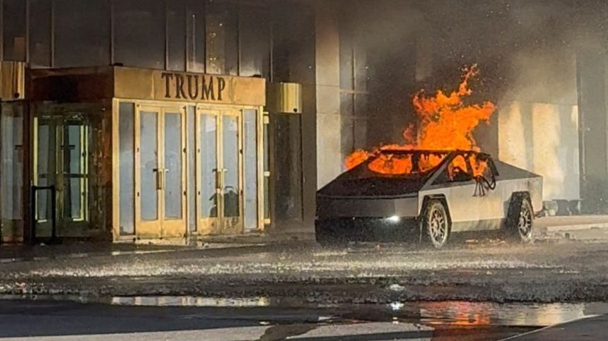 Tesla Cybertruck on fire outside Trump hotel