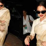 Rekha radiates grace in pearl white silk saree with traditional sindoor