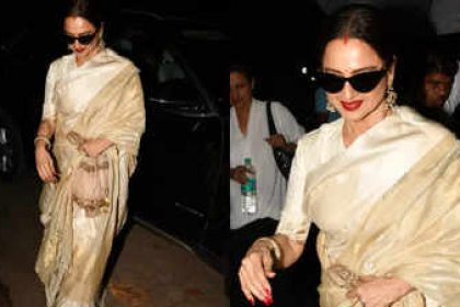 Rekha radiates grace in pearl white silk saree with traditional sindoor