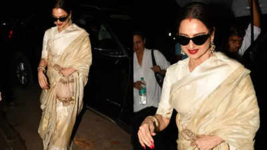 Rekha radiates grace in pearl white silk saree with traditional sindoor