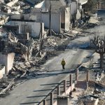 Image of a person walking down a street of burned homes and ash