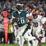 Nov 14, 2024; Philadelphia, Pennsylvania, USA; Philadelphia Eagles running back Saquon Barkley (26) runs past Washington Commanders defenders on way to a 39-yard touchdown during the fourth quarter against the Washington Commanders at Lincoln Financial Field. 