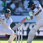 Pakistans Mohammad Rizwan (right) watches the ball after playing a shot as South Africa´s wicketkeeper Kyle Verreynne (left) reacts during the second day of the second Test at the Newlands stadium in Cape Town on January 4, 2025. — AFP