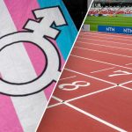 Trans flag and track and field split image