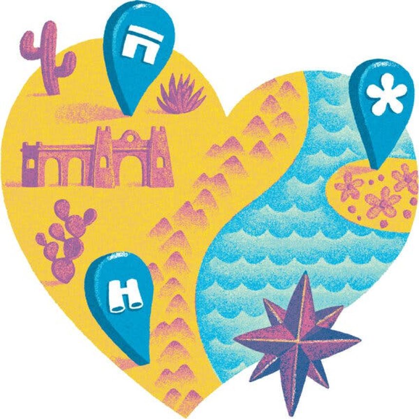 An illustration shows a heart with images of travel within it: turquoise stylized waves on one side, and a golden desert with cactuses, mountains and an adobe building on the other.