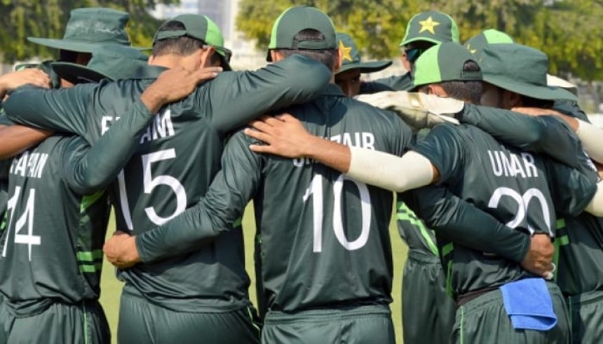 Pakistan U-19 team members huddle during a match. — PCB/File