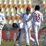 West Indies players celebrate the dismissal of Pakistans Kashif Ali (right) during the third day of the second Test between Pakistan and West Indies at the Multan Cricket Stadium in Multan on January 27, 2025. — AFP