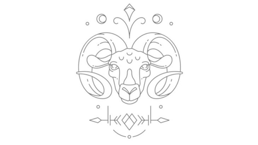 An illustration of the fire sign of Aries, depicted by its symbol or glyph and the characteristic ram.