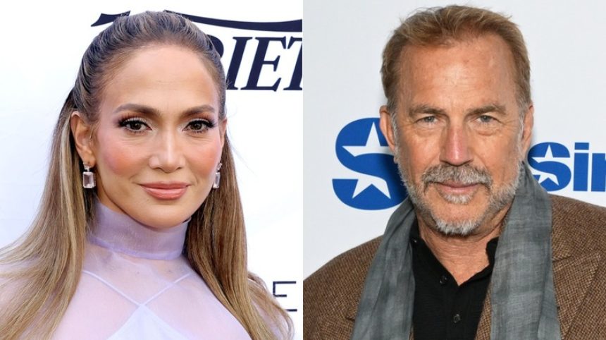 Jennifer Lopez and Kevin Costner, respectively, pose on the red carpet