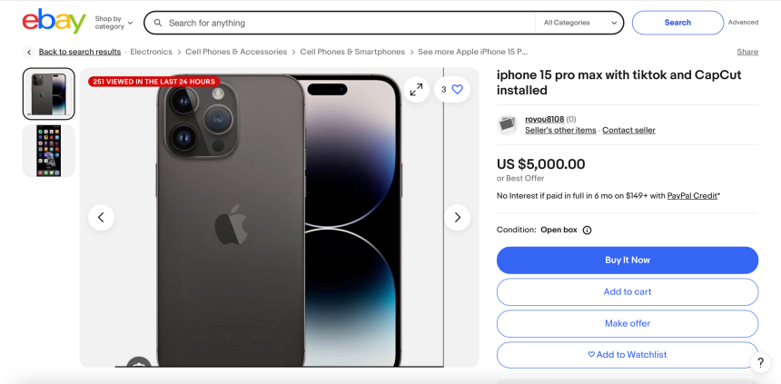 An iPhone 15 Pro Max on sale for $5,000 on eBay with TikTok already installed