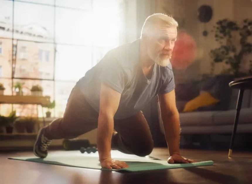 Strong Athletic Fit Middle Aged Man Doing Mountain Climber Exercises During Morning Workout at Home in Sunny Apartment. Healthy Lifestyle, Fitness, Recreation, Wellbeing and Retirement.