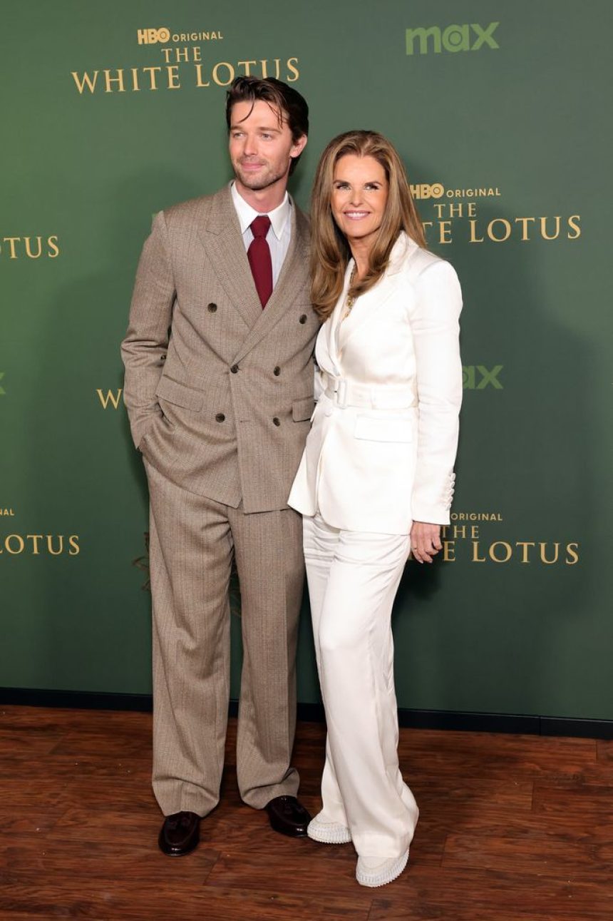 Patrick Schwarzenegger and Maria Shriver attend the Los Angeles Premiere of HBO Original Series "The White Lotus" Season 3 at Paramount Theatre on February 10, 2025 in Los Angeles, California