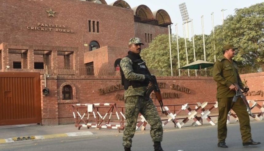 Security forces stand alert outside Gaddafi Stadium in Lahore on October 25, 2017. — AFP