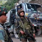 Soldiers stand next to a vehicle after an attack by freedom fighters on an Indian Army convoy in Kathua district of Jammu and Kashmir, July 9, 2024. — Reuters