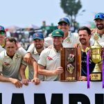 Australias players pose with the trophies after their win at the end of the second Test cricket match between Sri Lanka and Australia at the Galle International Cricket Stadium in Galle, February 9, 2025. — AFP