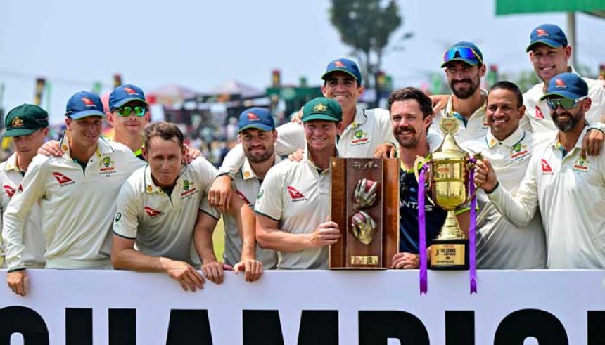 Australias players pose with the trophies after their win at the end of the second Test cricket match between Sri Lanka and Australia at the Galle International Cricket Stadium in Galle, February 9, 2025. — AFP