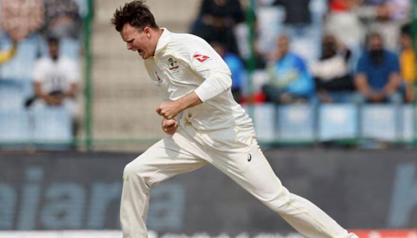 Australias Matthew Kuhnemann celebrates after taking a wicket in a test in 2023. — Reuters