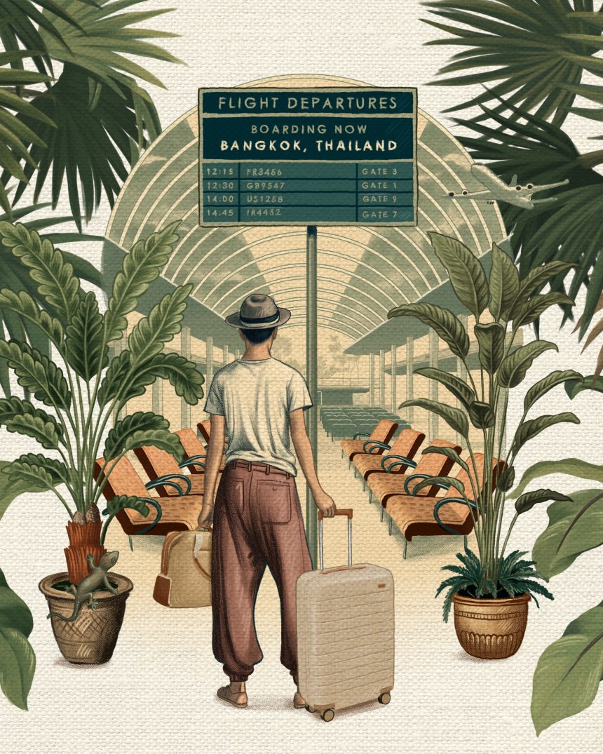 A drawn vignette shows a man wearing brown and beige-hued T-shirt and trousers in a station filled with plants and brown and green seating.