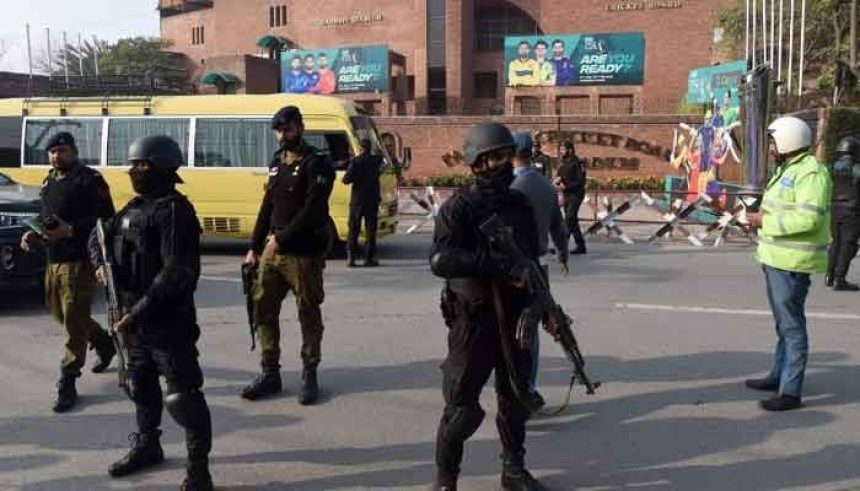 Security personnel stand guard outside the Gaddafi Stadium in Lahore. — AFP/File