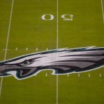 A detailed view of the Philadelphia Eagles logo at midfield prior to the game against the Dallas Cowboys at Lincoln Financial Field on November 1, 2020 in Philadelphia, Pennsylvania. 