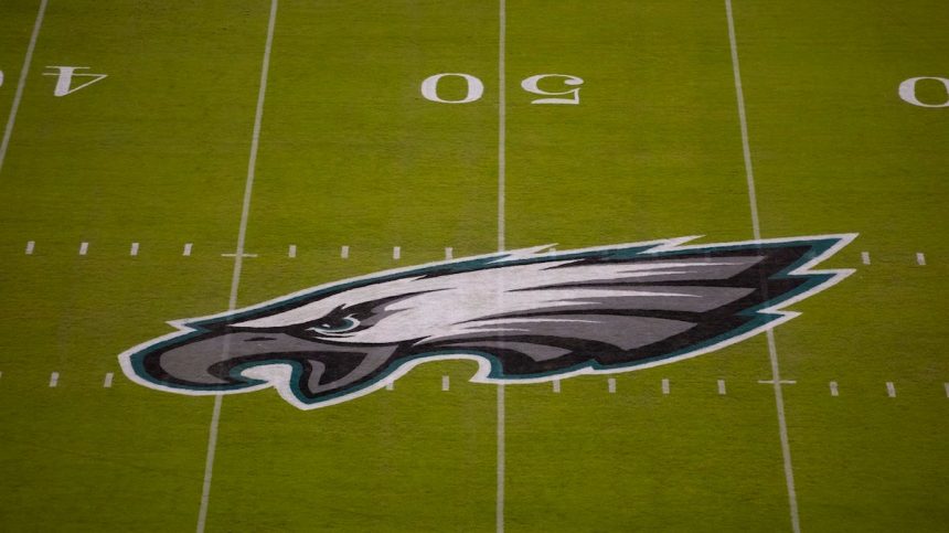 A detailed view of the Philadelphia Eagles logo at midfield prior to the game against the Dallas Cowboys at Lincoln Financial Field on November 1, 2020 in Philadelphia, Pennsylvania. 