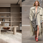 home office in muted neutral colors and a model walking a runway