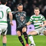 Celtics Canadian defender #02 Alistair Johnston (R) vies with Celtics German midfielder #10 Nicolas Kuhn during the UEFA Champions League play-off first leg football match between Celtic and Bayern Munich at Celtic Park stadium in Glasgow, Scotland on February 12, 2025. — AFP