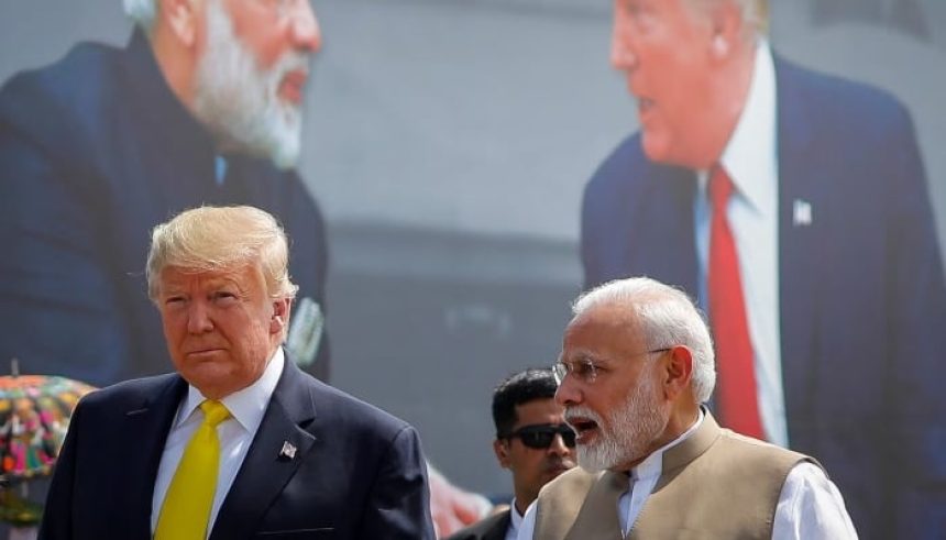 US President Donald Trump and Indian Prime Minister Narendra Modi speak during the welcoming ceremony, as Trump arrives at Sardar Vallabhbhai Patel International Airport in Ahmedabad, India February 24, 2020. — Reuters