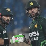 Pakistans white-ball skipper Mohammad Rizwan (L) fist bumping Vice-Captain Salman Ali Agha during the ODI against South Africa at the National Stadium Karachi on February 12, 2025. — AFP