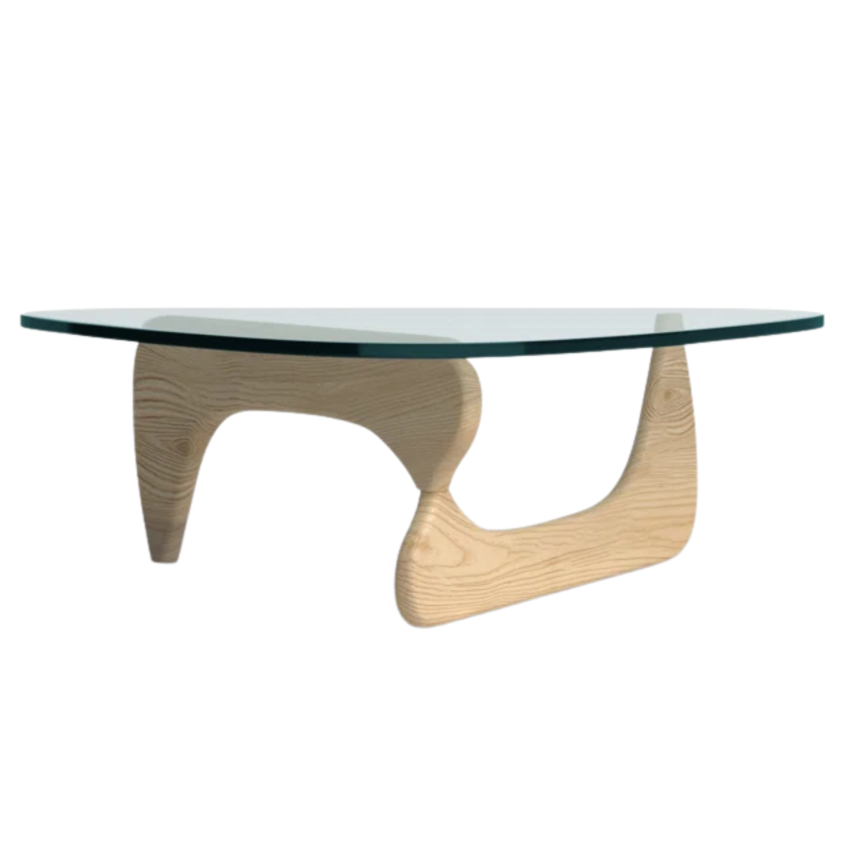 coffee table with organic shaped legs and a glass top