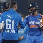 Englands Phil Salt (left) shakes hands with Ravindra Jadeja after India win second ODI by 4 wickets at Barabati Stadium, India on February 9, 2025. — Reuters