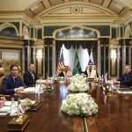 U.S. Secretary of State Marco Rubio, second left, meets with Saudi Foreign Minister Prince Faisal bin Farhan Al Saud, Saudi National Security Advisor Mosaad bin Mohammad Al-Aiban, U.S. National Security Advisor Mike Waltz, third left, U.S. Middle East envoy Steve Witkoff, left, Russian Foreign Minister Sergei Lavrov, right, and Russian President Vladimir Putin's foreign policy advisor Yuri Ushakov, second right, at Diriyah Palace, in Riyadh, Saudi Arabia, Tuesday Feb. 18, 2025. (Evelyn Hockstein/Pool Photo via AP)