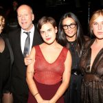 Rumer Willis, father Bruce Willis, sister Tallulah Belle Willis, mother Demi Moore and sister Scout LaRue Willis pose backstage as Rumer makes her broadway debut as "Roxie Hart" in Broadway's Chicago