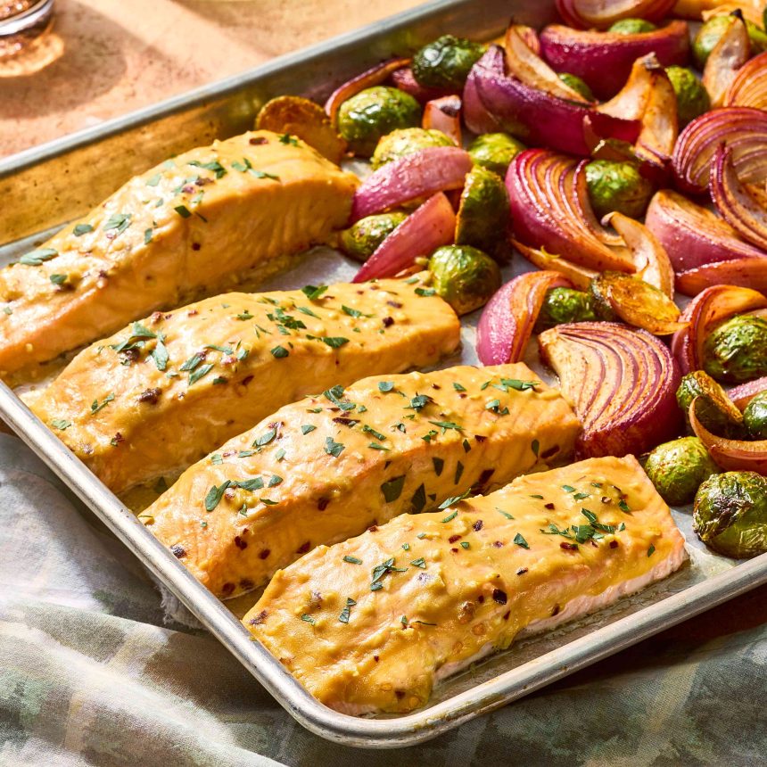 Sheet-Pan Honey Mustard Salmon & Vegetables Is a Weeknight-Dinner Winner