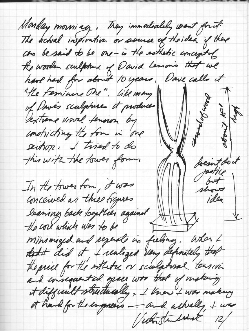 Scan of a journal page describing designing the Seattle Space Needle with a sketch of the structure