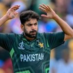 Pakistans Haris Rauf reacts after a delivery during the World Cup 2023 match between New Zealand and Pakistan at the M Chinnaswamy Stadium in Bengaluru. — AFP/File