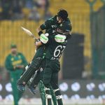 A super jubilant Salman Ali Agha hoists captain Mohammad Rizwan in pure joy as they celebrate the latter’s epic century during the tri-nation series clash against South Africa at National Stadium, Karachi, on February 12, 2025. — PCB