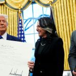 US President Donald Trump, Director of National Intelligence Tulsi Gabbard and her husband Abraham Williams react, on the day of Gabbards swearing in ceremony, in the Oval Office at the White House in Washington, DC, US on February 12, 2025. — Reuters