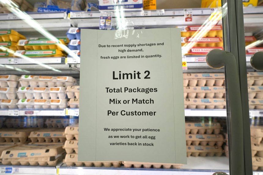 A sign limiting the number of egg packages that shoppers can buy, at a grocery store in Dallas, Texas