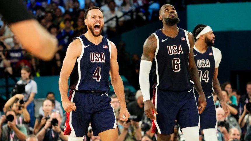 Steph Curry and LeBron James react in the second half against France in the men's basketball gold medal game.