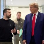 This handout photograph released by the Ukrainian presidential press service on September 27, 2024 shows Ukrainian President Volodymyr Zelensky (L) and Republican presidential nominee former US President Donald Trump meeting on September 27, 2024 in New York. — AFP