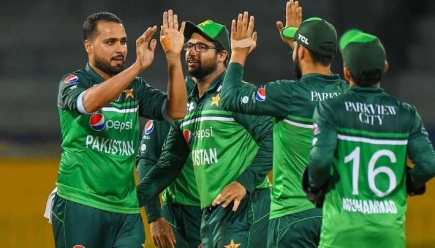 Pakistan cricket players celebrate after taking a wicket of opponent team. — AFP/File